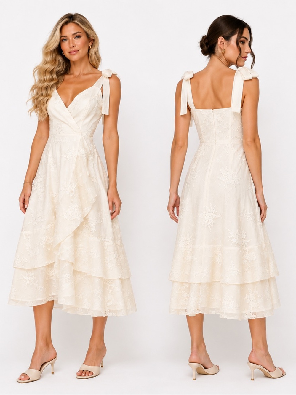 Lulus Embroidered Ruffled Tie-Strap straps 
Midi Dress Ivory beige creme xl nwot